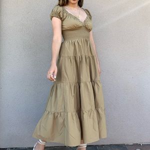 Danielle Bernstein WeWoreWhat Tan Puff Sleeve Cotton Poplin Smocked Midi Dress